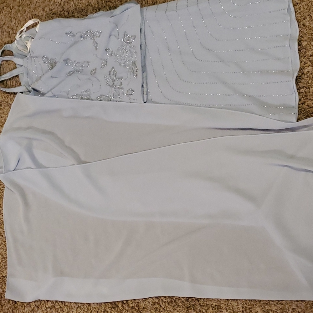 Beautiful 3 piece dress (top, skirt, shawl) light blue with small beads size 18